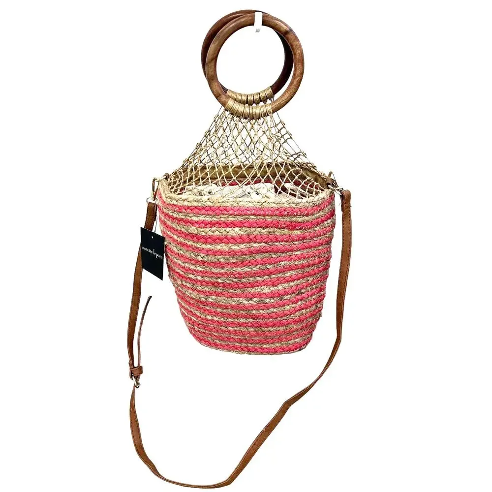NWT Nanette Lepore Clemintine Jute Bucket Shoulder Bag Berry Coral